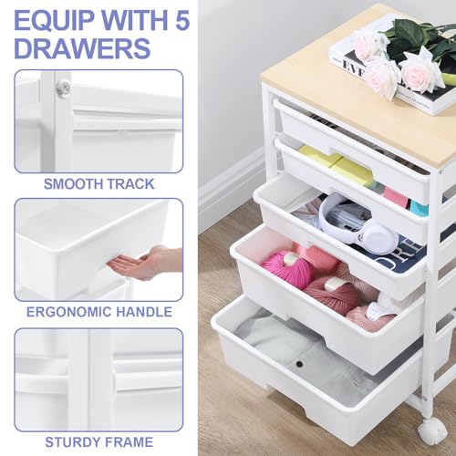 Image of SYKIARIOL Utility Cart with 5 Drawers,Storage Drawer Cart with Wooden Tabletop and Lockable Wheels,Craft Storage Trolley Cart,5-Tier Rolling Utility Cart on Wheels,Bright White