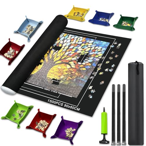Napzy Puzzle Mat Rollup for Jigsaw Puzzles Storage Matt Roll Up Puzzle Board Saver with 8 Sorting Trays 1 Drawstring Bag Puzzle Table for Up to 1500 PCS