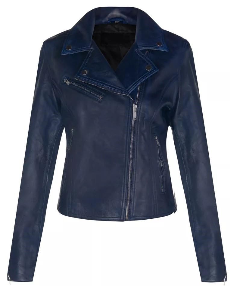 Ladies Real Lambskin Navy Blue Leather Biker Jacket Classic Nappa Women's Jacket