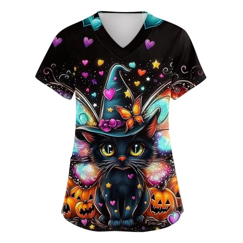 OIOLOYJM Halloween Christmas Scrub Tops Women Print V Neck Short Sleeve Plus Size Scrubs for Womens Shirts with Pockets