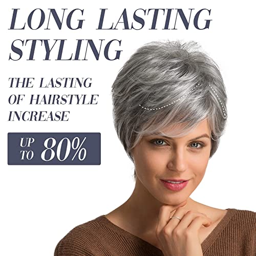 EMMOR Short Grey Human Hair Wigs for Women Blend with Healthy Memory Fiber Pixie Curly Wig With Bang,Natural Daily Use Hair (Mixed Grey) - Image 2