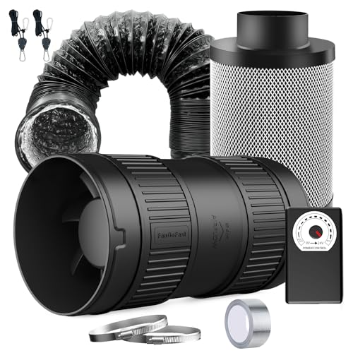 FanGoFast Lüftungsset 100mm Rohrventilator 221m³/h mit Drehzahlregler, Aktivkohlefilter, Abluftschlauch, Aluminiumfolienband und Klemmen – Belüftungssystem für Growzelt Gewächshaus‌