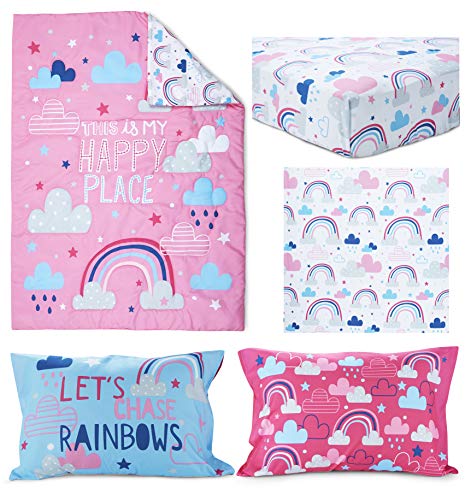 Image of Baby Boom Funhouse Let's Chase Rainbows 4 Piece Toddler Bedding Set - Includes Comforter, Sheet Set - Fitted + Top Sheet + Reversible Pillowcase for Girls Bed, Pink