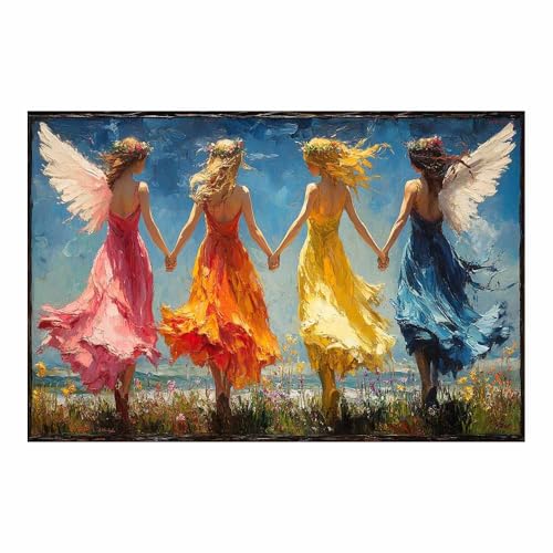 Quatre Femmes Main dans Main affiche : œuvre abstraite jaune symbole de sororité et nature