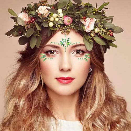 2pcs Grün Edelstein Kristall Gesicht Tattoo,Glitzersteine Gesicht Kit kann auf Ihrem Gesicht die ganze Nacht für viele Anlässe,Sie sind das perfekte Geschenk für Kinder und Erwachsene.