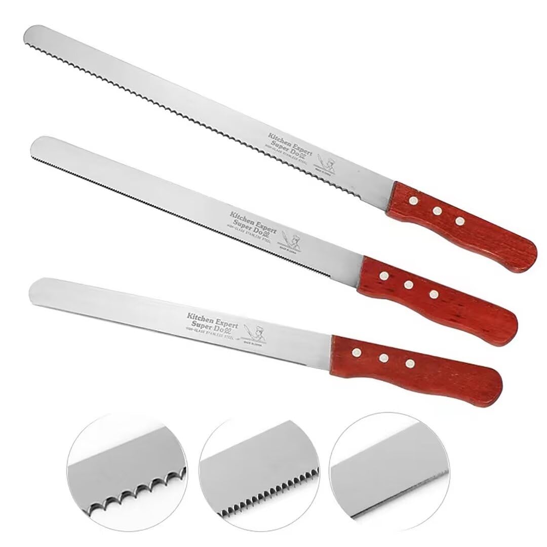 AONEGOLD Bread Knife for Homemade Bread,3 Piece Stainless Steel Bread Slicer Set with Wooden Handle,30cm Pastry Knife.