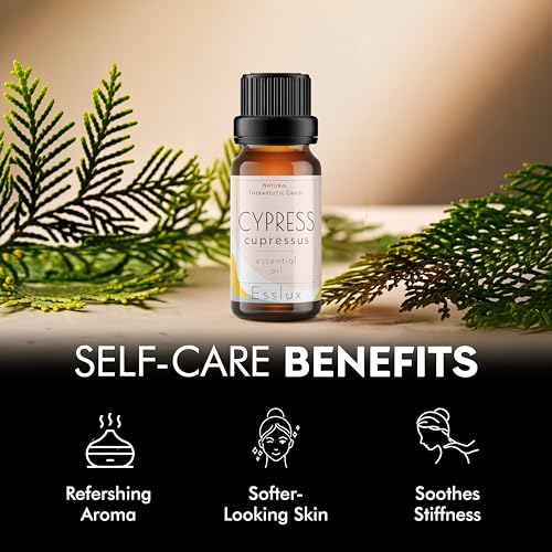 Image of Esslux Cypress Essential Oil | 100% Natural Cypress Oil for Aromatherapy & Diffusers | Supports Varicose Vein Care | Ideal for Soap Making, DIY Projects, and Relaxing Scents, 90 ML