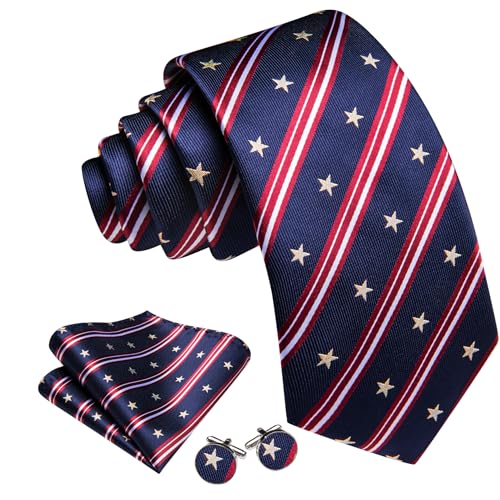 Image of Barry.Wang Tie Sets for Men Silk Stripe Necktie Woven Checkered Handkerchief Cufflinks Formal Business Wedding