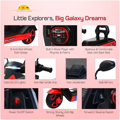 Image of Toyzone Galaxy Kids Electric Scooty (Red) | 6V 4.5Ah Battery Rechargeable Scooter | Music & Colourful LED Lights | Smooth Acceleration | 6 Months Battery Warranty | for Kids 3-8 Years, Upto 35 Kgs