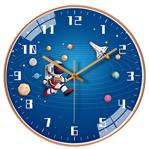 Image of QINFIEY 12 Inch Silent Movement Kids Wall Clock, Non Ticking Children Round Wall Clock Battery Operated Space Travel Style Decor Children Clock for Home School Boys Bedroom Living Room (Blue-2)