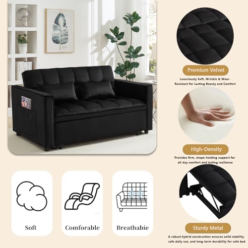 Image of Convertible Sofa Bed,3 in 1 Pull Out Couch Adjustable Backrest, Modern Velvet Upholstery Sleeper Sofa Bed, Loveseat Couch for Living Room, Bedroom & Apartments (Black)