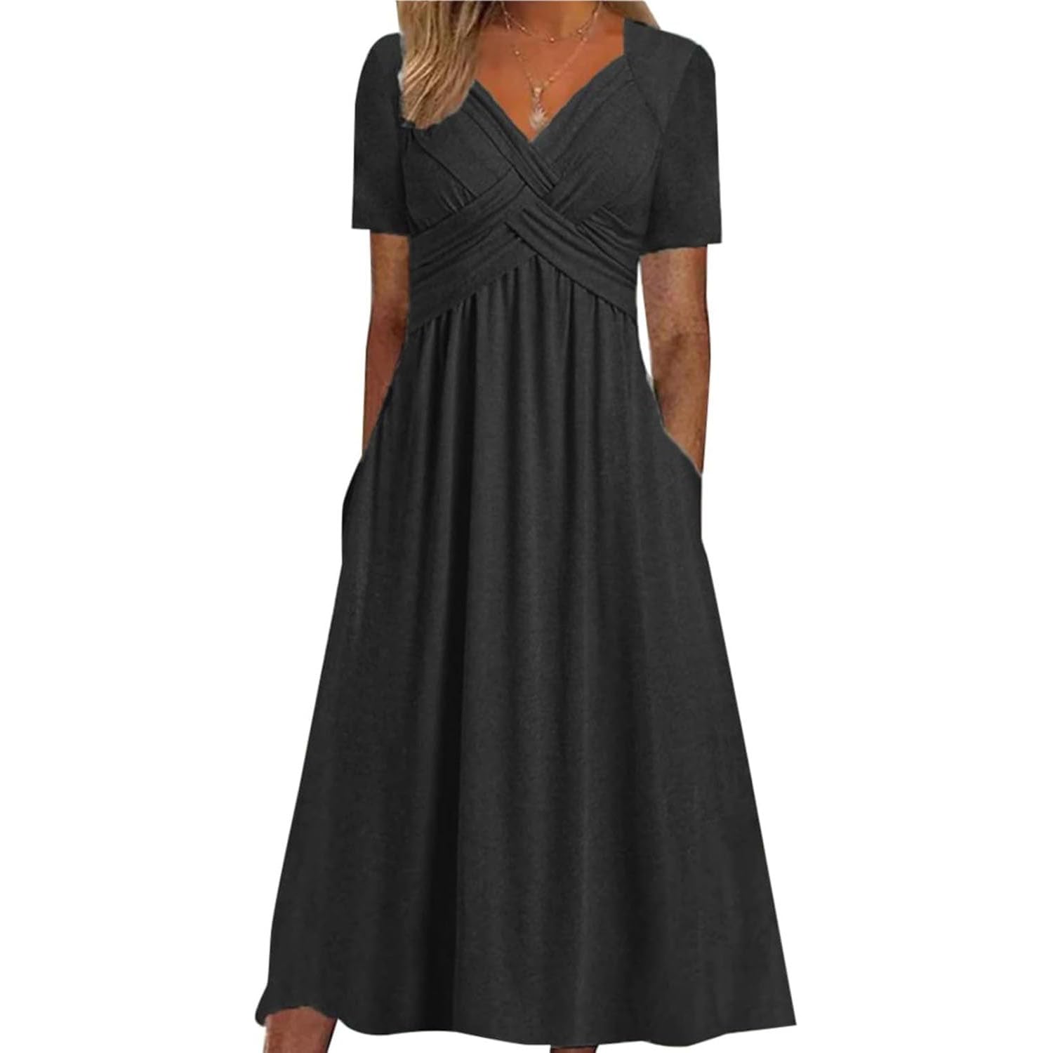 Crisscross Twist Front V Neck Casual Short Sleeve Maxi Dress,Casual Plus Size V-Neck Maxi Dresses,Womens Beach Dresses for Wedding Guest with Pocket (Black,XL)