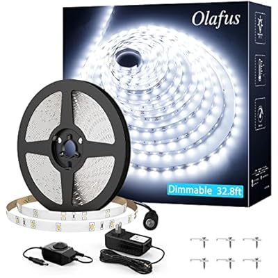 Olafus White LED Strip Lights, 32.8ft Dimmable Vanity Light, 6000K Daylight White LED Tape Lights with UL Listed Adapter, 12V 600 LEDs 2835 Led Lights for Bedroom Kitchen TV Mirror Stair