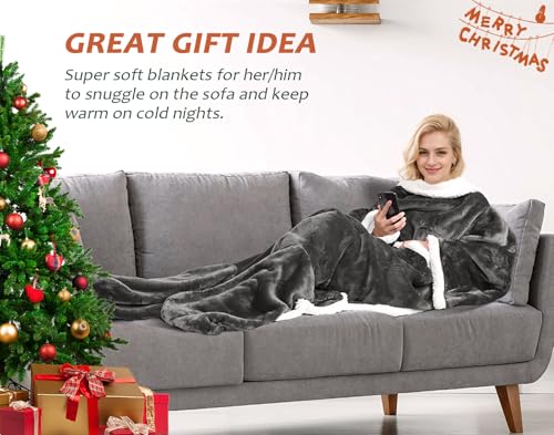 Image of Catalonia Sherpa Wearable Blanket with Sleeves & Foot Pockets for Adult Women Men,Comfy Snuggle Wrap Sleeved Throw Blanket Robe,Gift Idea,Grey