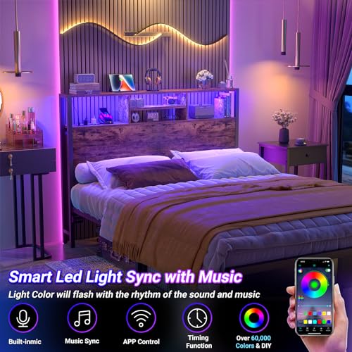 Image of Aheaplus Headboard for Full Size Bed with Storage, Headboards with Outlets | Full Size Head Board Only, USB Ports and LED Light, Height Adjustable, Reversible, Sturdy & Stable Headboard, Rustic Brown