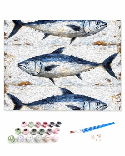 VamJump 数字油絵 手塗り ビンナガマグロ 油絵 海 板 レトロ DIY絵 初心者 時間をつぶす 壁飾り アートクラフト 絵画手芸キッ 絵の具をつける 塗りつぶし掛け 40x40cm