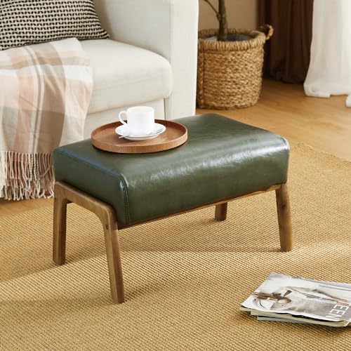 Glitzhome Foot Stool Ottoman, Modern Leatherette Sofa Stool Vanity Chair with Rubber Wood Frame, Footrest Ottoman Bench for Living Room, Entryway, Hunter Green