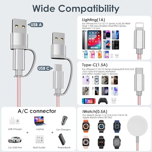 Image of Travel Essentials,Multi Charging Cable for Apple Watch iPhone Charger Pink
