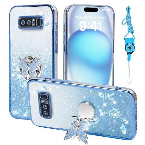 RTYQXK for Samsung Galaxy Note 8 Phone Case,for Samsung Note 8 Mobile Phone Case for Women and Girl, Glitter Butterfly Floral TPU Protective Cover with Kickstand+Strap for Galaxy Note 8 (Blue)