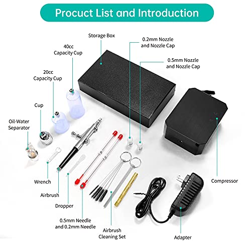 Gocheer Airbrush Kit with Air Compressor, 40 48 PSI High Pressure Air Brush Non-Clogging with 0.2/0.3/0.5mm Nozzle/Cleaning Sets, Ideal for Painting, Modeling, Cake Decor, Makeup (Black, 40 PSI) - Image 5