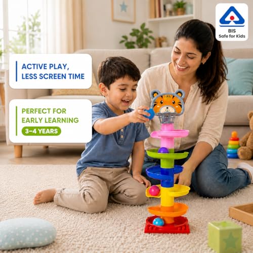 Image of Amazon Brand - Jam & Honey Rolling & Swirling Ramp Drop Toy for Kids 3+ Years, 5-Layer Ball Drop Track with 4 Balls, Early Learning Activity Toy, BIS Certified Safe (Pack of 2)