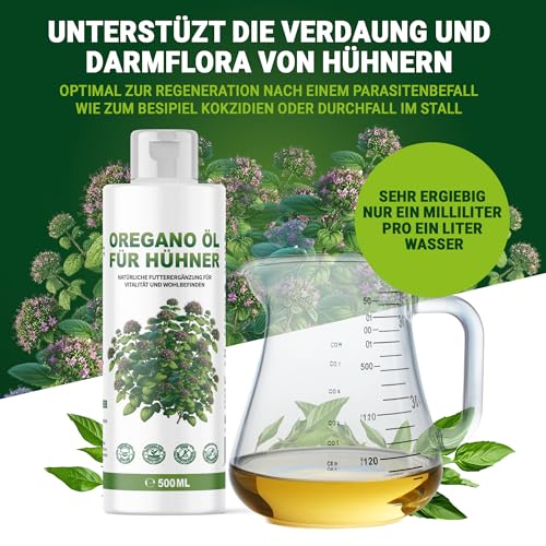 DKT-Natura | 500ml Oregano ÖL mit 80% Carvacrol | Hochdosiert | Für Hühner | Vogelgrippe Vorsorge | die Verdauung & Darmflora | Hilfe bei Parasitenbefall | Ergänzungsfutter Hühner, Tauben, Wachteln