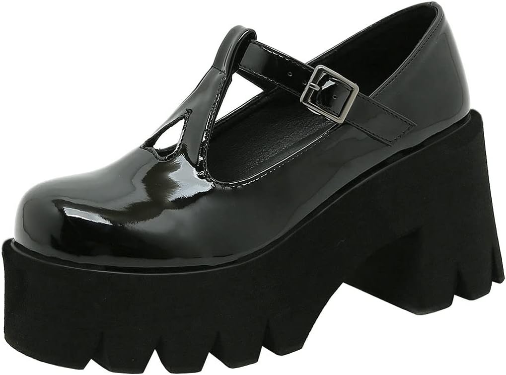 KIKIVIVI Womens Mary Jane T Strap Patent Leather Platform Chunky Heel Pumps