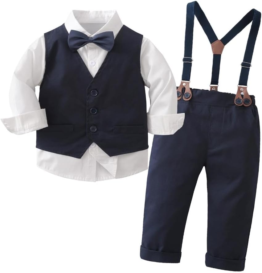 Dressy Daisy Toddlers Baby Boys 4-Piece Vest Pants Outfit with Bow Tie and Suspenders Gentleman Suit Set for Wedding Birthday