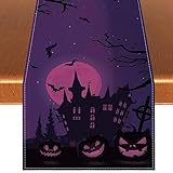 Linen Halloween Table Runner Scary Halloween Tablecloth Graveyard Pumpkin Crows Halloween Decoration