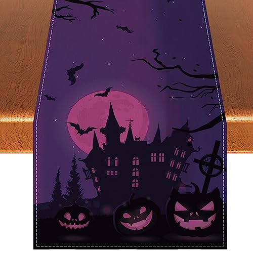 Linen Halloween Table Runner Scary Halloween Tablecloth Graveyard Pumpkin Crows Halloween Decorations And Supplies For Home Kitchen Table-13×72'' #TOP19