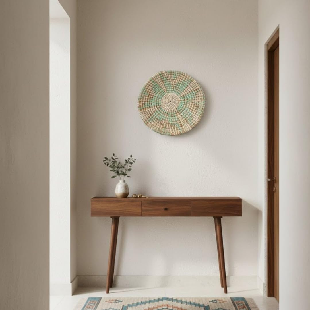 Whispering Homes Sabai Grass Decorative Basket | Round Handwoven Green Star Pattern for Boho, Scandinavian & Living Room Décor-image-27