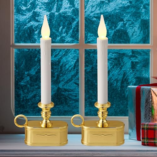 Image of Battery Operated Candles with Flickering Flame 1 Tier LED Window Candle 10.5 Inch Hight with Automatically Timer 8 Hours On /16 Hours Off, Gold Shine for Xmas Festival