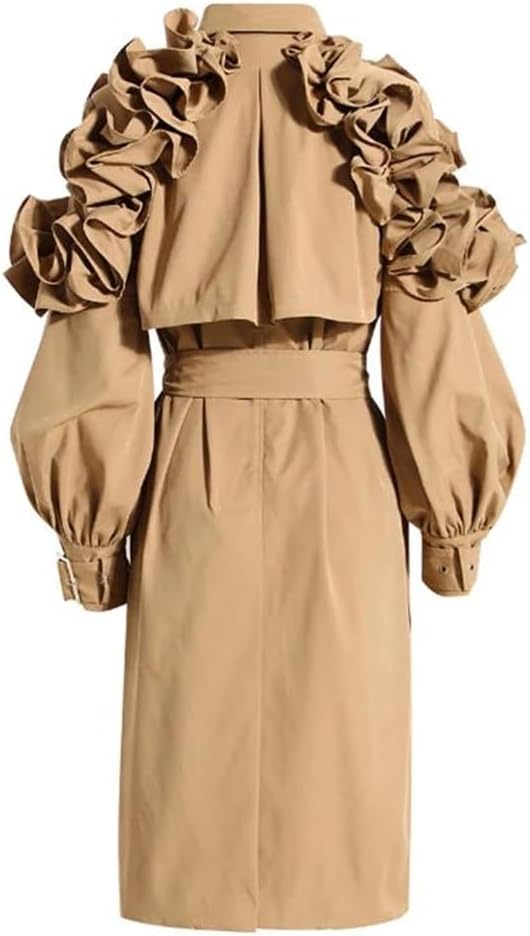 Women Lapel Long Trench Coat Spring Fall Belt Long Sleeve Ruffle Stitching Slim Fit Coat For Women