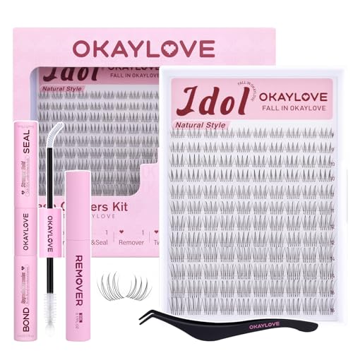 OKAYLOVE Idol Lashes Clusters Kit Clear Band Eyelash Clusters Kit CC Curl 9-16mm Natural Cluster Eyelash Extensions DIY Wispy Individual Lashes with Bond and Seal Remover Tweezers for Korean Makeup