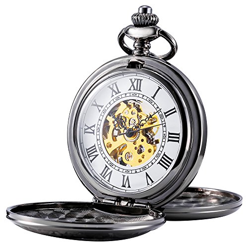 Image of TREEWETO Mens Skeleton Mechanical Pocket Watch, Retro Roman Numerals, Half Hunter, Bronze