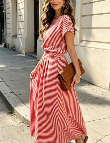 Image of Zontroldy Women's Summer 2 Piece Outfits Striped Skirt Sets Cap Sleeve Crop Top Midi Dress Matching Travel Outfits