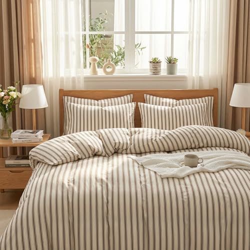 Image of Nayoroom Brown Striped Duvet Cover Queen Size Beige Striped Duvet Cover Dorm Bedding Set 3 Pieces Soft Lightweight Microfiber Farmhouse Bedding Set Gifts for Women Men