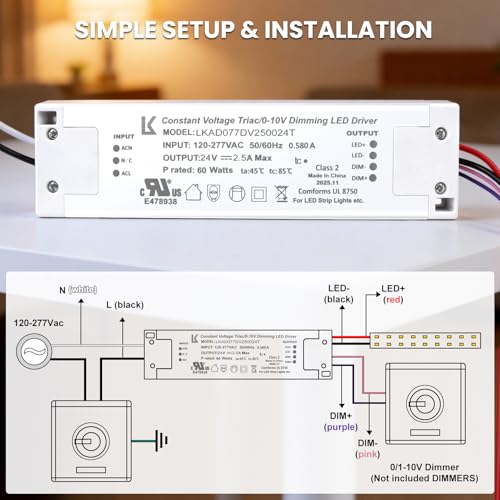 Image of 24V 60W Dimmable LED Driver, 5-in-1 Constant Voltage Triac /ELV /MLV /0-10V /1-10V /PWM /V-R Dimming AC to DC Power Supply,ETL Listed LED Transformer, UL Listed, Compatible with Leviton Dimmer