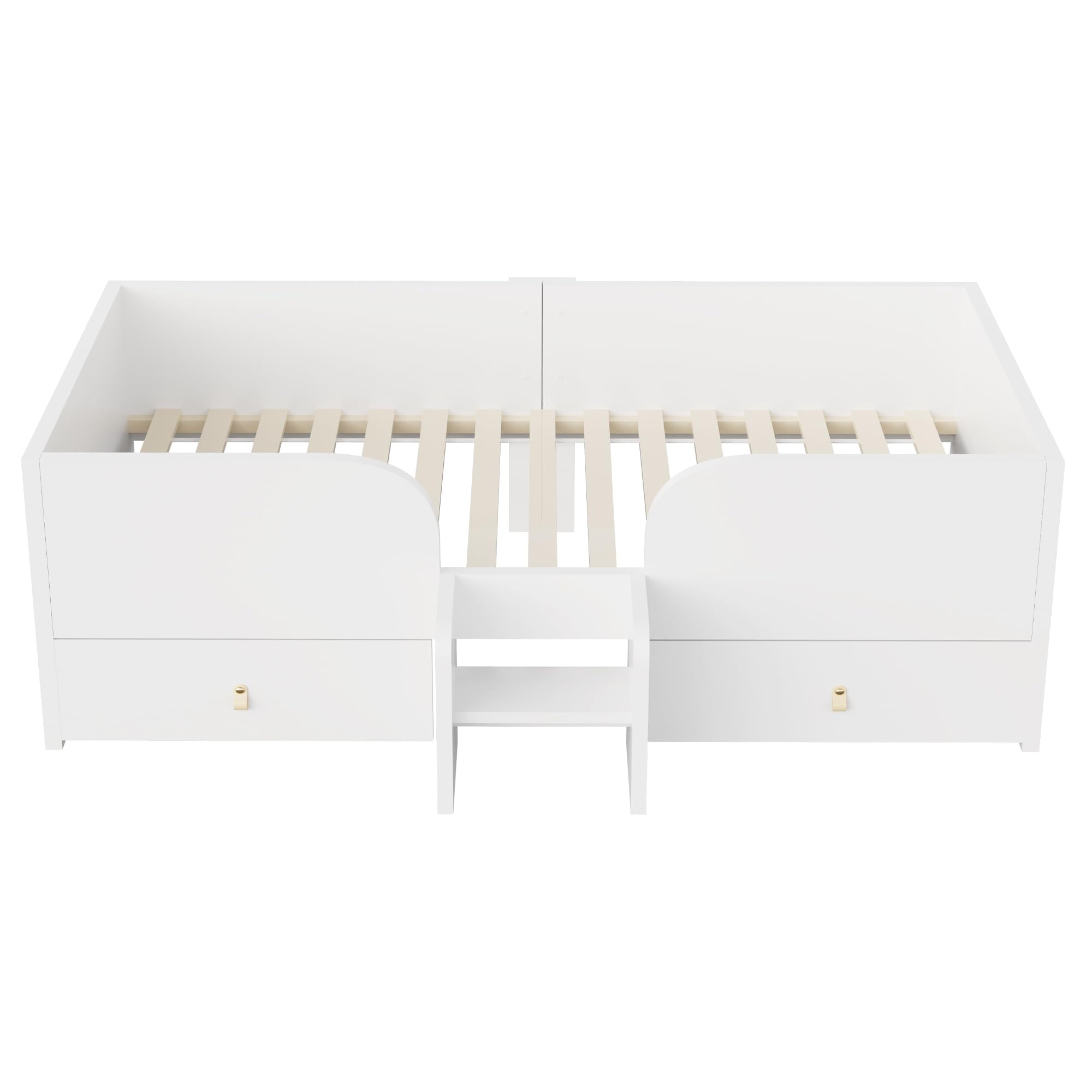 Lettino Singolo 90x200 con Due Cassetti e Piccolo Gradino Letto con Cassetti con Sponde Alte a Barre e Rete di 15 Doghe Letto in Legno in Compensato e MDF per Camera Bianco