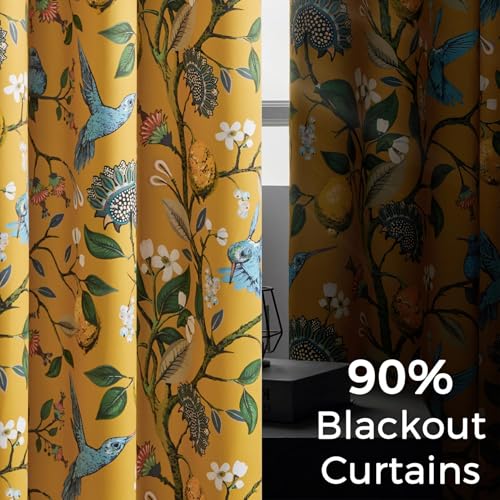 Image of Topfinel Mustard Yellow Vintage Curtains & Drapes 84 Inches Long, Grommet Luxury Whimsical Floral Lemon Hummingbird Patterned Waverly Mid Century Colorful Blackout Drapes for Living Room Bedroom