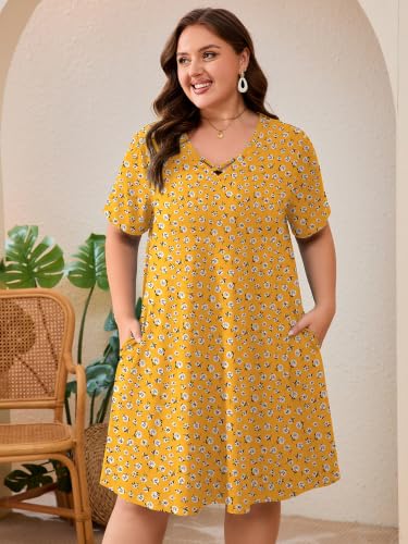 Image of AusLook Plus Size Midi Dress for Women Short Sleeve V Neck Criss Cross A Line Summer Casual Vacation Sundresses with Pockets