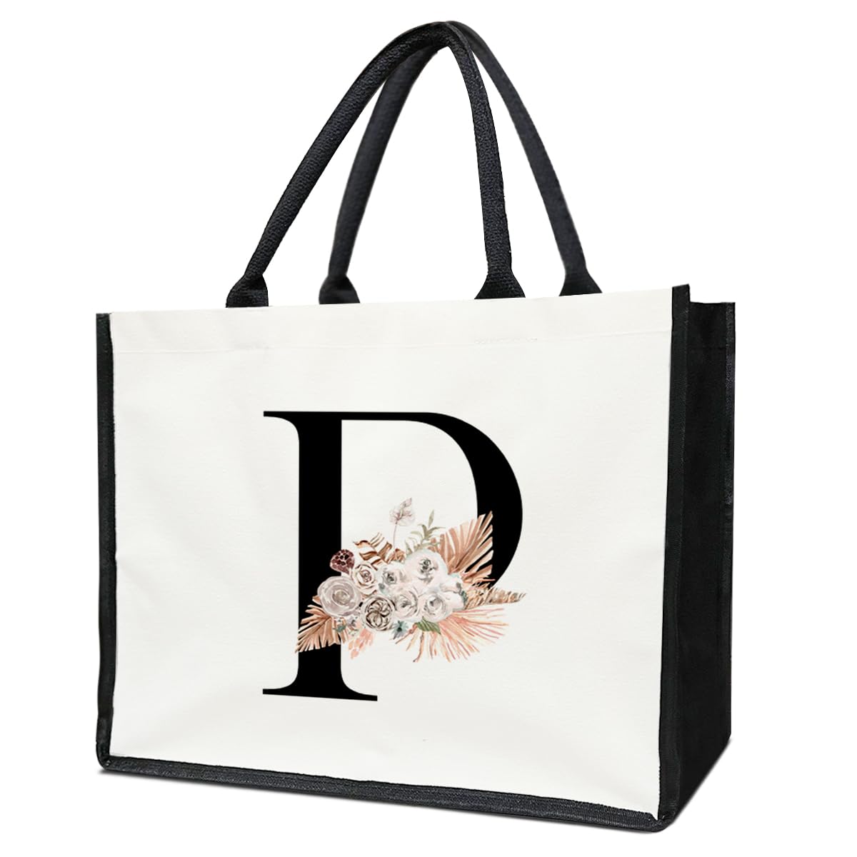 lamocho P Initial Floral Bag, Personalized Tote Bags For Women, Monogrammed Gifts For Women, Canvas Tote Grocery Bag-ZM16
