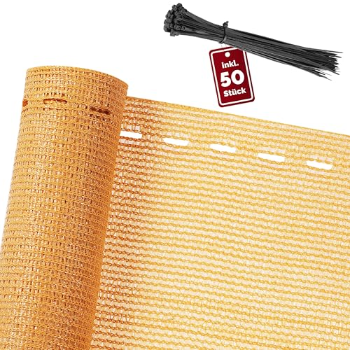 DETEX® Balkon Sichtschutz 1,4 x 10m Wetterfest inkl. 50 Kabelbinder Balkonbespannung Leicht Transparent 85% Schattierwirkung UV-Beständig Garten Schattiernetz Beige