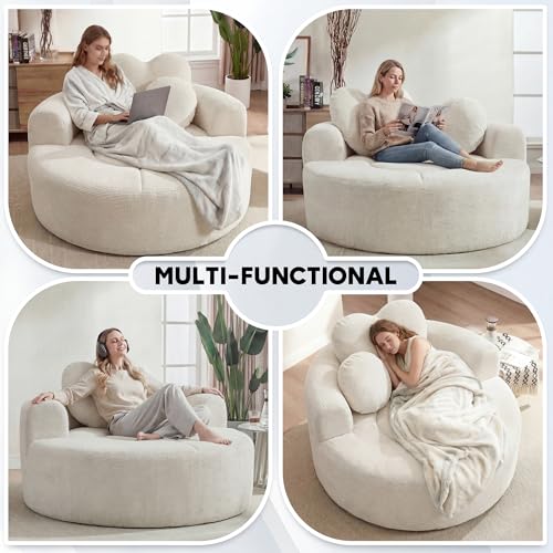 Image of Oversized Round Chair Lounge Chaise Indoor, 54.3 inch Upholstered Corduroy Deep Seat Single Cloud Sofa Chair with Heart-Shaped Pillow Modern Large Circle Boneless Couch for Living Room, Beige White