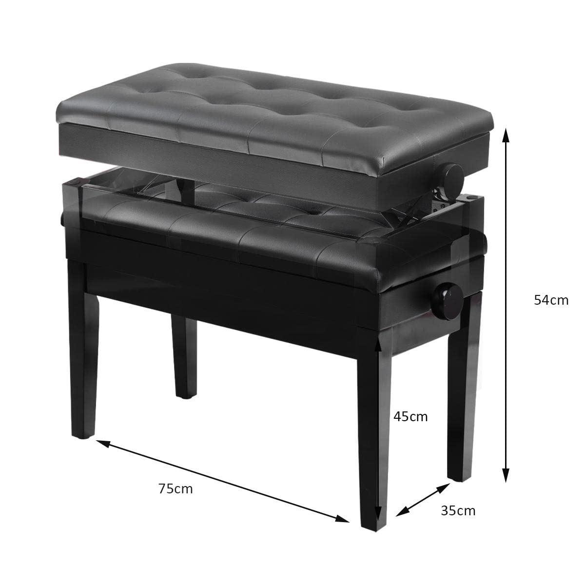 LIFEZEAL Tabouret de Piano Réglable en Hauteur 75 x 35 x 45-54 CM, Banc de Piano avec Boîte de Rangement, Siège de Piano en Cuir PU Cardre en Bois Massif et en Fer, Noir