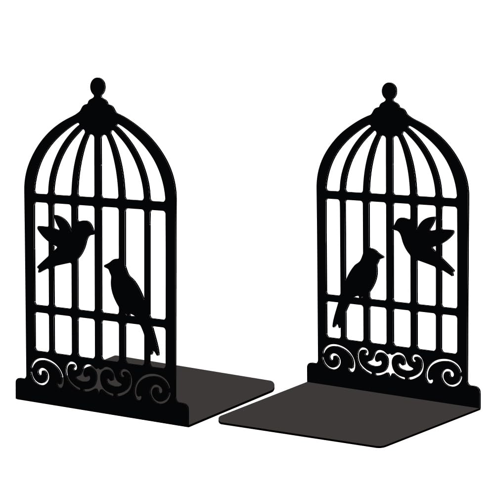 Peacoblue Metal Book Ends Stopper Holder Stand for Shelves Decorative 13.46x10.9x20cm Modern Creative Heavy Duty Study Bookends Stoppers Holder Stand for Desk Shelf 1 Pair (Birdcage and Bird)