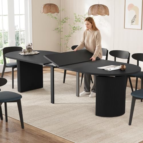 Image of weselon 42 inch-120 inch Extendable Dining Table for 4-14, Expandable Oval Dining Room Table with Fluted Pedestal Base & Reinforced Metal Support Leg, Extra Large Modern Kitchen Table (Black)