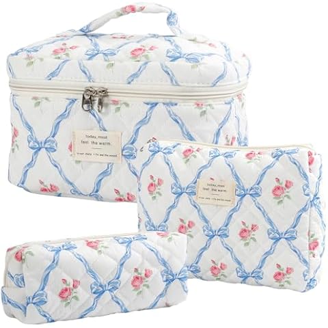 YINGJEE Large Quilted Makeup Bag for Women and Girls, Cute Coquette Floral Cotton Cosmetic Bag, Aesthetic Travel Organized Toiletry Bags (blue bows) Cover