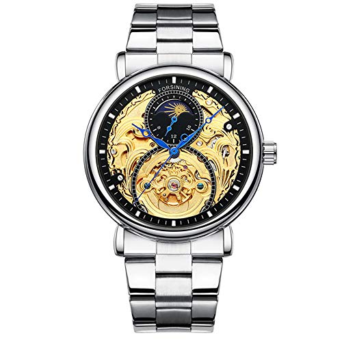 FORSINING Men's Automatic Analog Watch Fashion Skeleton Tourbillon Waterproof Moon Phase Leather Mechanical Watch (Silver & Black-Steel Band)