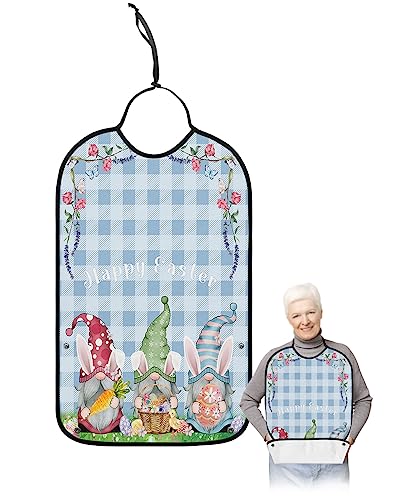 Spring Easter Adult Bibs for Eating, Waterproof Bibs with Food Catcher & Adjustable Snap Closure, Blue Checkered Gnomes Easter Basket Colorful Eggs Clothing Protectors Adult Bibs for Elderly Women/Men